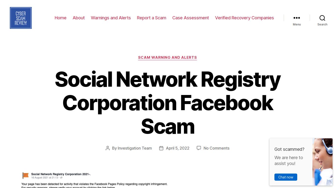 Social Network Registry Corporation Facebook Scam